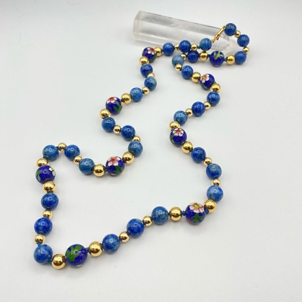 Vintage Estate 14K Gold Beaded Necklace With BLUE Lapis Lazuli & Cloisonne Beads